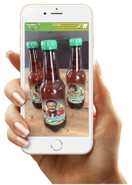 De verpakking van het Kampioenenbier liet toe om via een app de figuren op het label 'tot leven te brengen': een voorbeeld van Augmented Reality